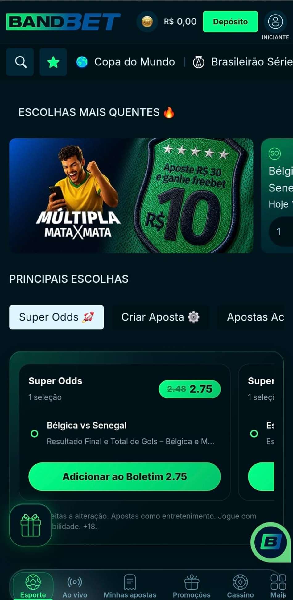 Captura de tela da página inicial da BandBet, uma das bets legalizadas no Brasil.