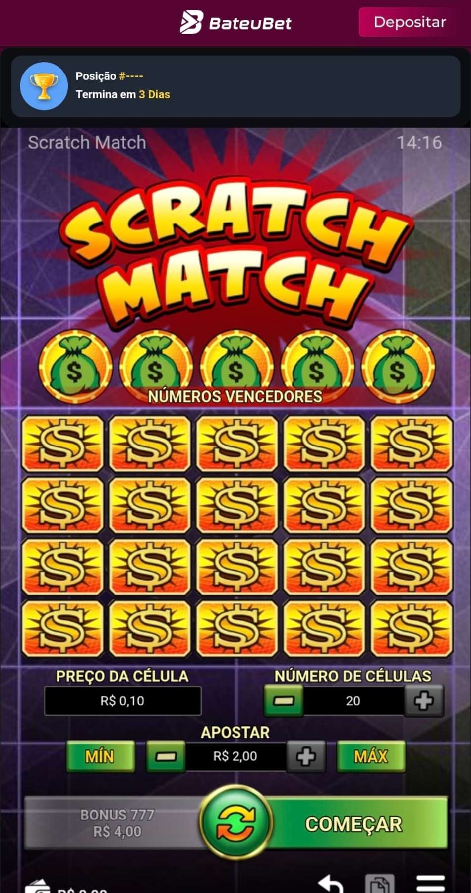 Captura de tela exibindo uma sessão de apostas no Scratch Match no cassino da Bateubet.