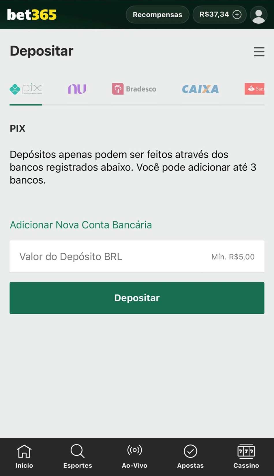 Captura de tela da página de depósito na bet365.