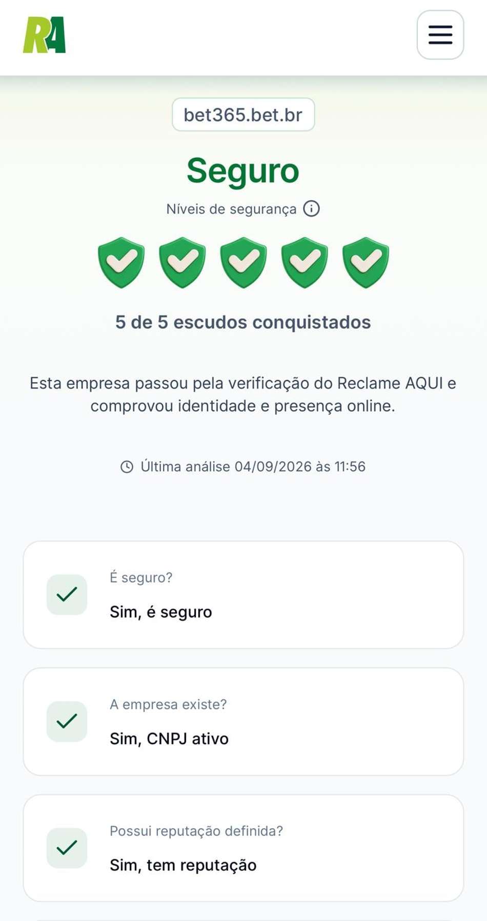 Captura de tela do Detector de Site Confiável do Reclame Aqui, que atesta a autenticidade da bet365.