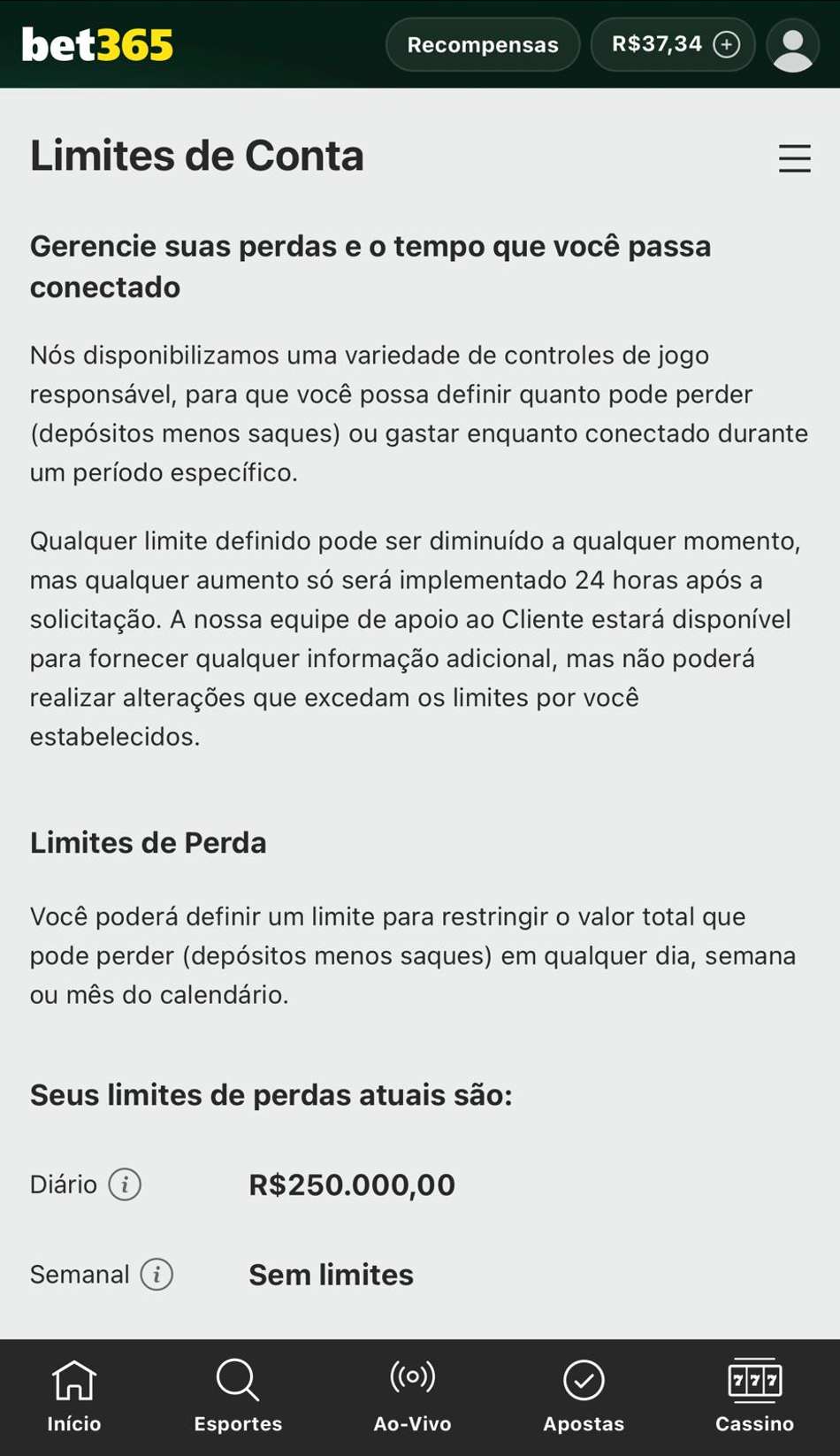 Captura de tela da página de controles de aposta da bet365 com ferramentas do jogo responsável.