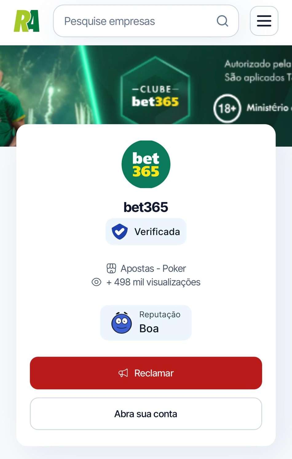 Captura de tela da página do Reclame Aqui com os critérios que avaliam se a bet365 é confiável.