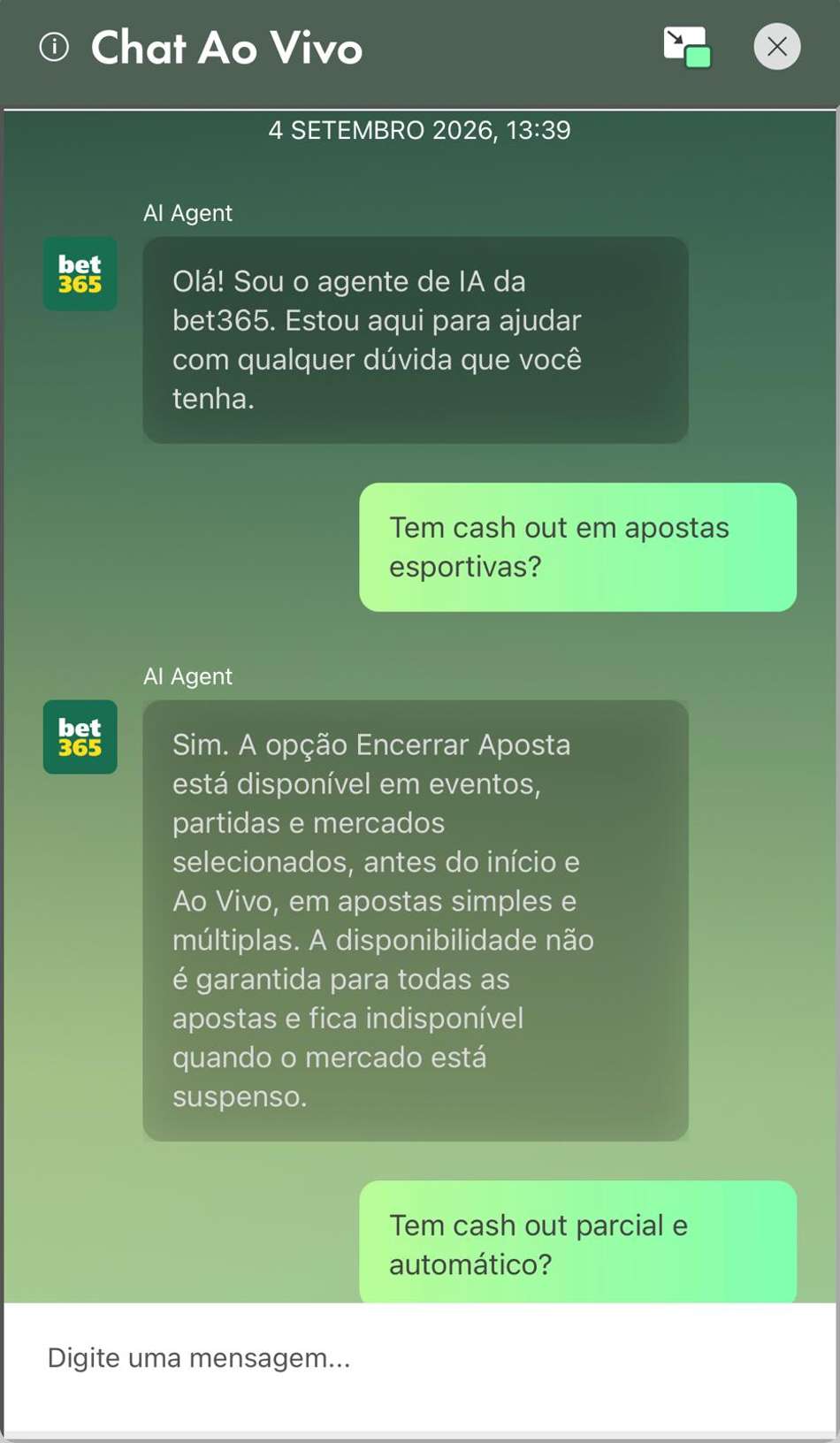 Captura da tela de atendimento na bet365 via chat ao vivo