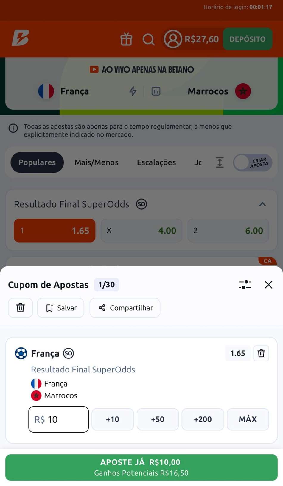 Captura da tela de aposta da Betano na Copa do Mundo.