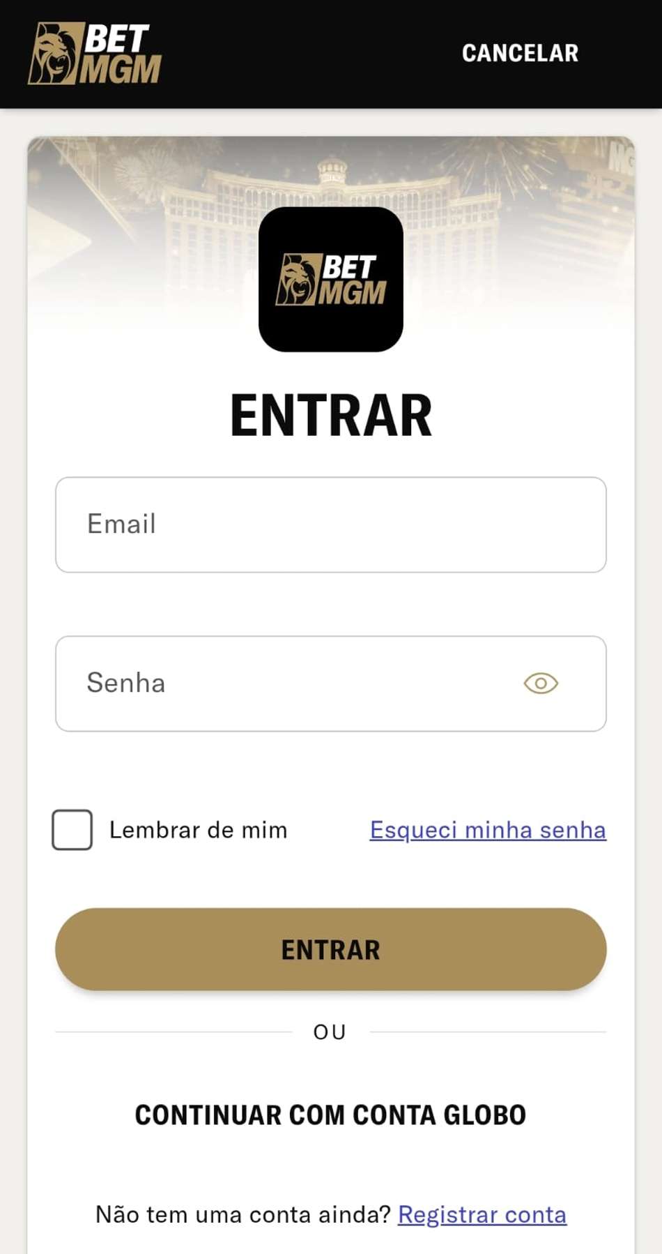 Captura de tela da seção de login na BetMGM.