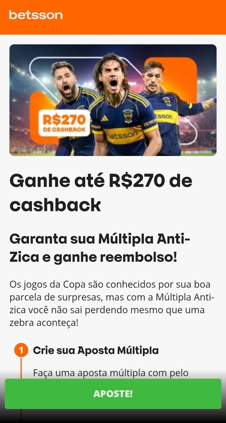 Captura de tela da oferta Múltipla Anti-zica da Betsson com os detalhes do funcionamento da oferta.
