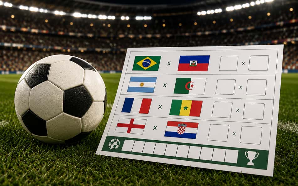 Imagem ilustrativa exibindo um campo de futebol e uma cartela de palpites esportivos para o bolão da Copa do Mundo.