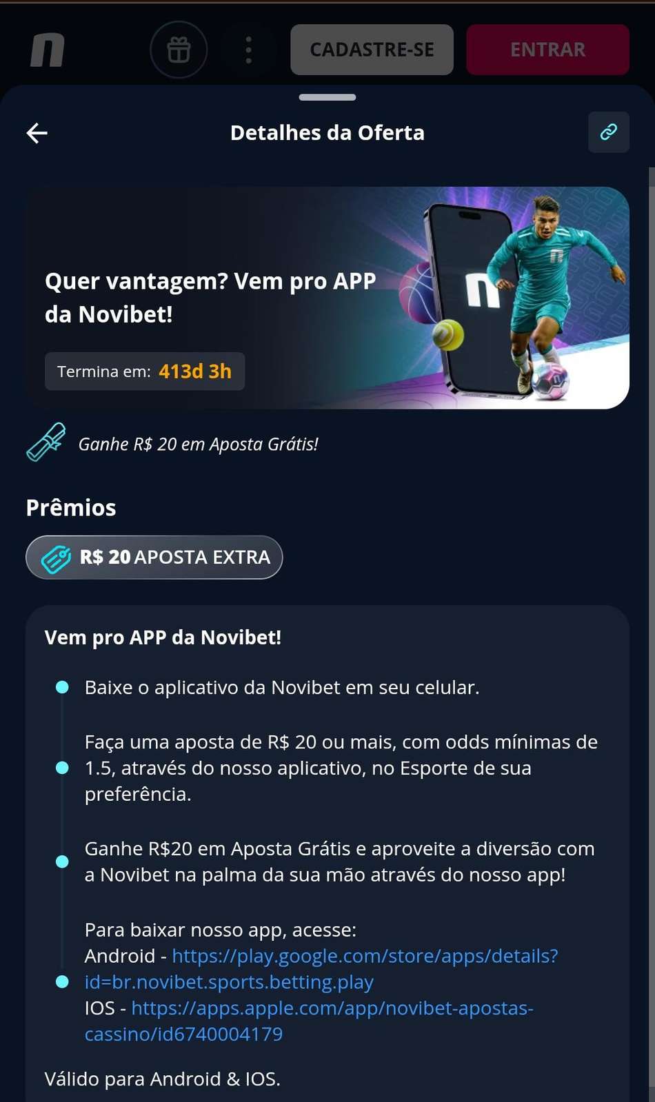 Captura de tela da oferta Vem pro App no site oficial da Novibet.