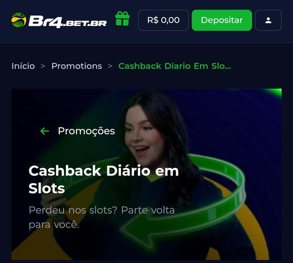 Captura de tela do bônus BR4BET de cashback em slots.