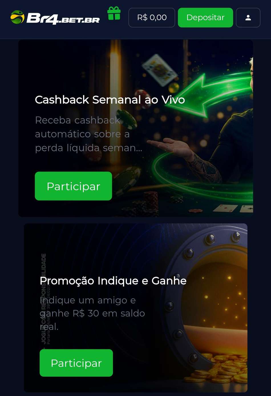 Captura de tela dos bônus BR4BET disponíveis.