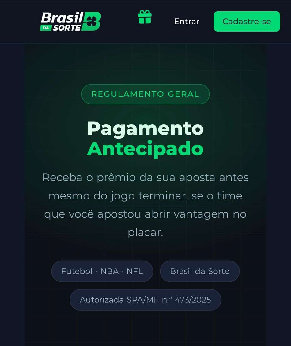 Captura de tela do Pagamento Antecipado na Brasil da Sorte.