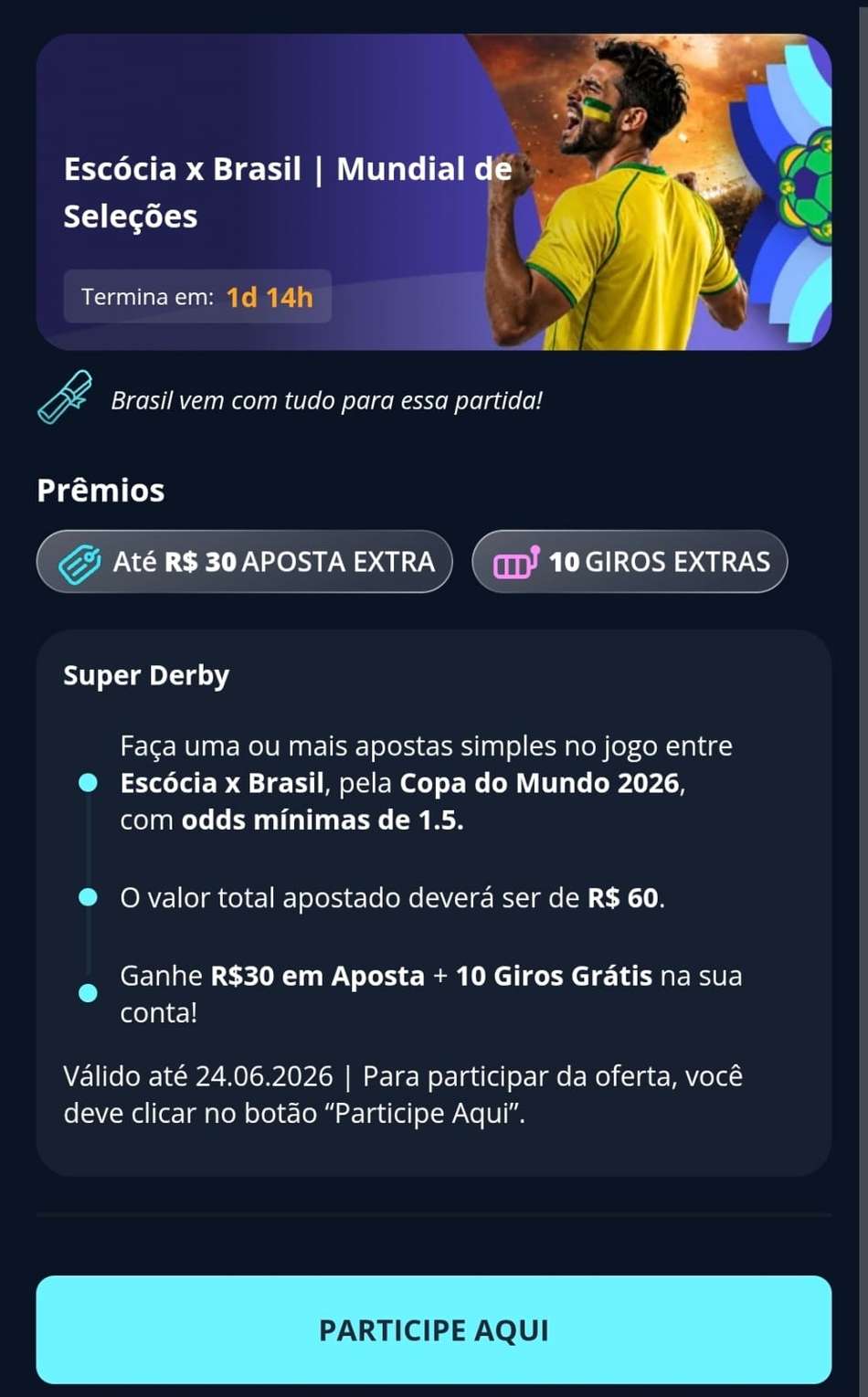 Captura de tela da promoção Escócia x Brasil | Mundial de Seleções ativa na Novibet com freebet para o jogo do dia 24/06/2026 na Copa do Mundo.