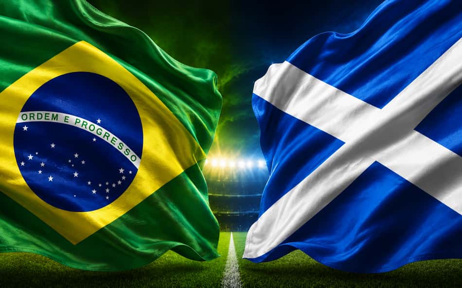 Ilustração que representa o confronto de hoje (24/06) entre Brasil e Escócia, na Copa do Mundo 2026.
