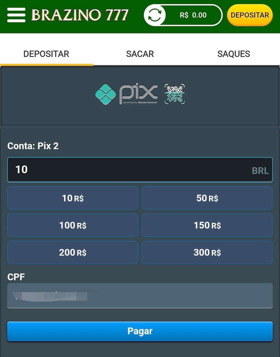 aptura de tela do menu de pagamentos da Brazino777 com os botões de depósito e saque na plataforma de 10 reais.