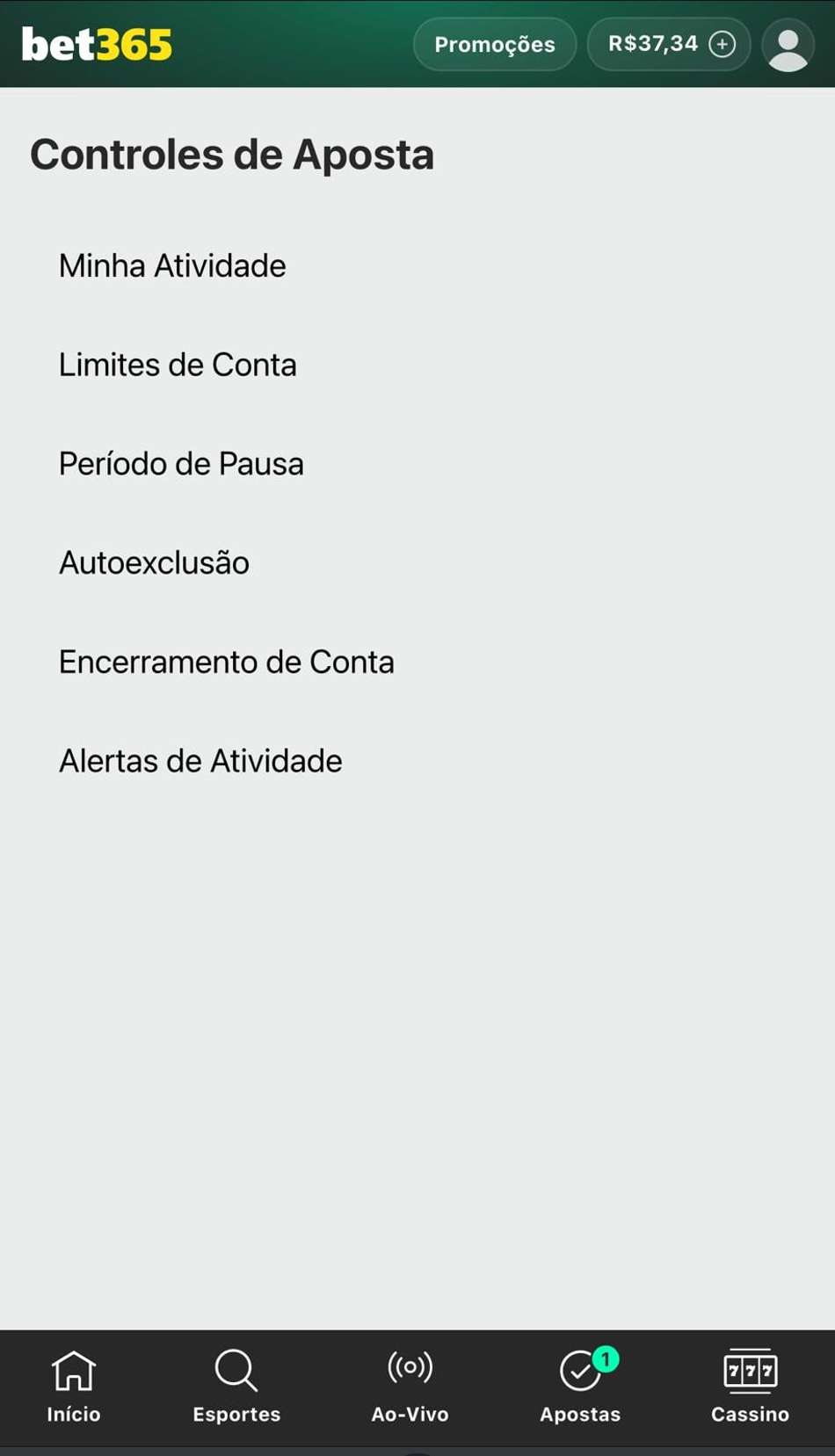Captura da tela de controles de aposta na bet365.