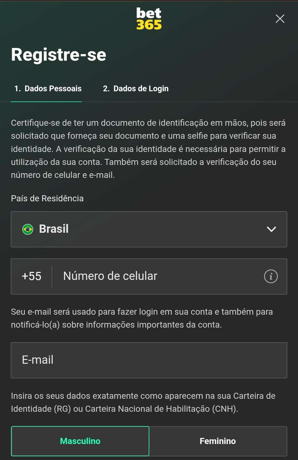 Captura de tela do cadastro da bet365.