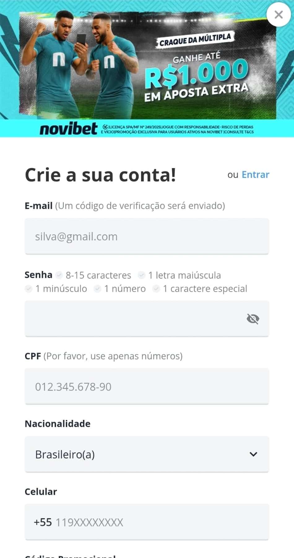 Captura de tela do formulário de registro na Novibet, a melhor bet de 10 reais do Brasil na atualidade.