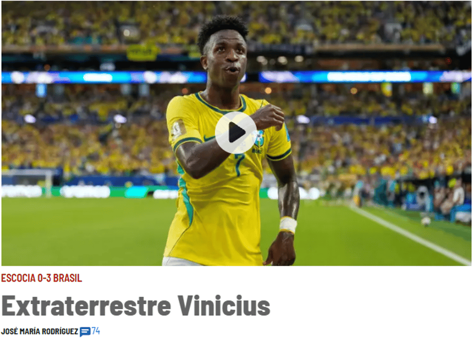 Manchete do Marca, da Espanha, destaca atuação de Vini Jr em Brasil e Escócia pela Copa do Mundo de 2026