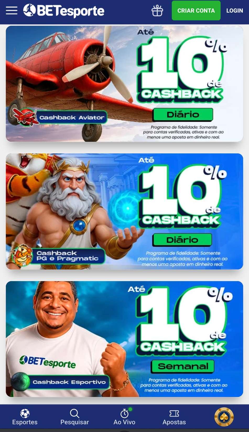 Captura de tela mostra campanhas de cashback do cassino com Pix BETesporte.