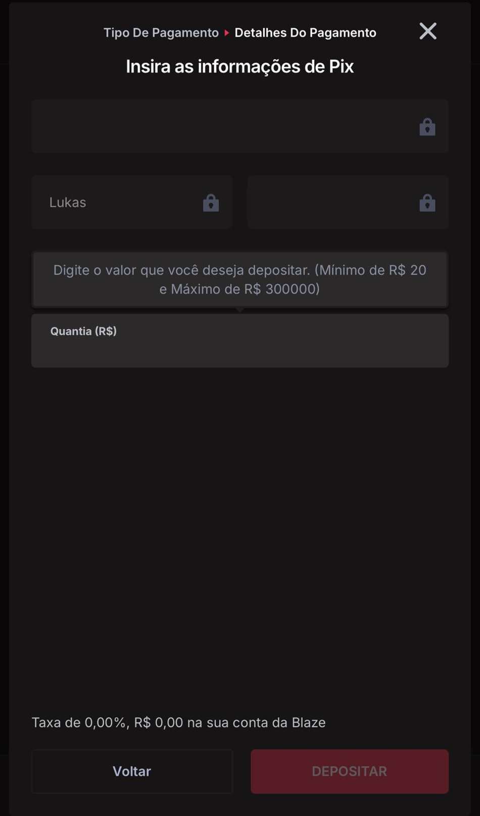 Captura da tela de depósito no cassino com Pix Blaze.