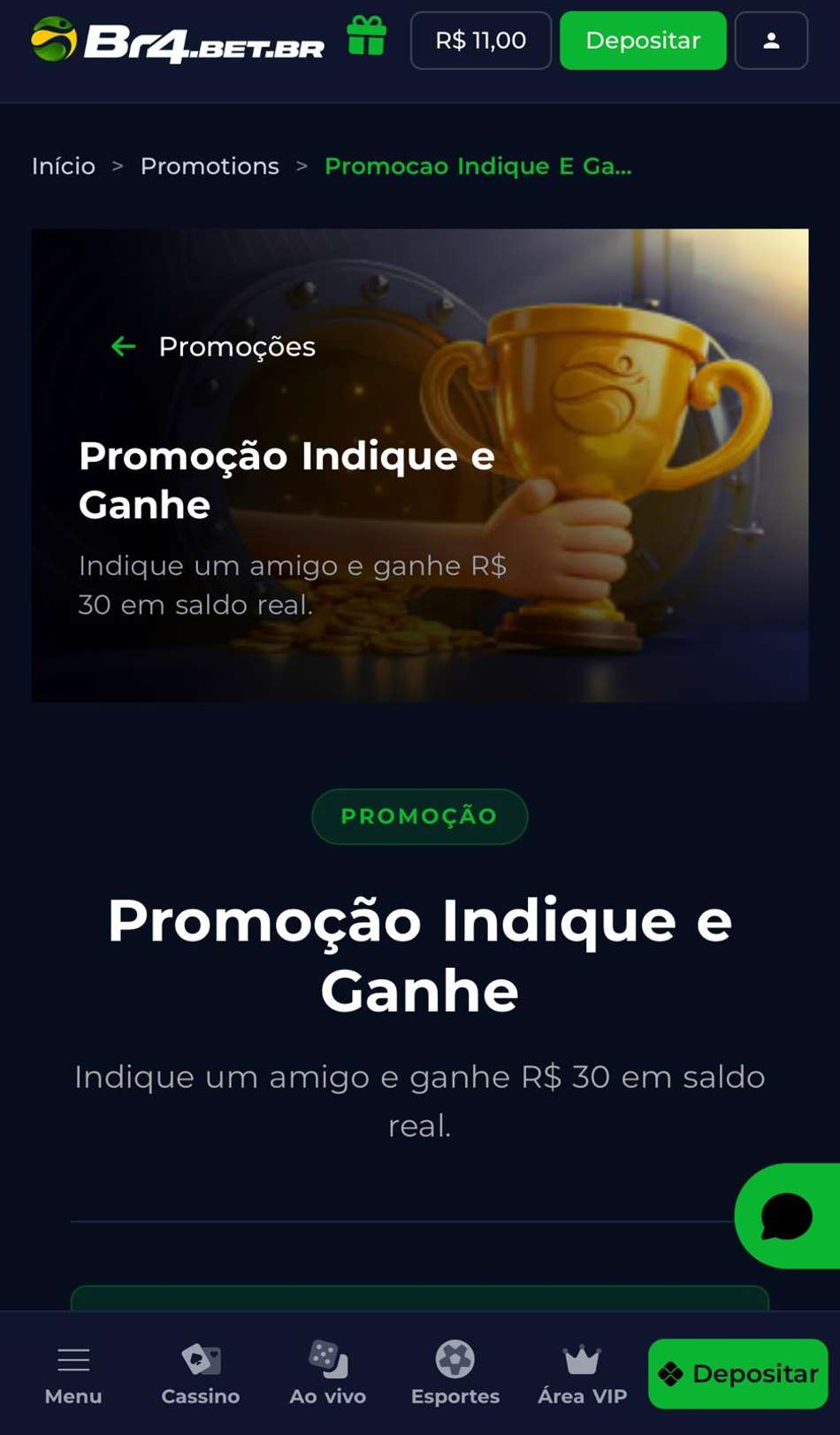 Captura de tela mostra campanha Indique e Ganhe do cassino com Pix BR4BET.