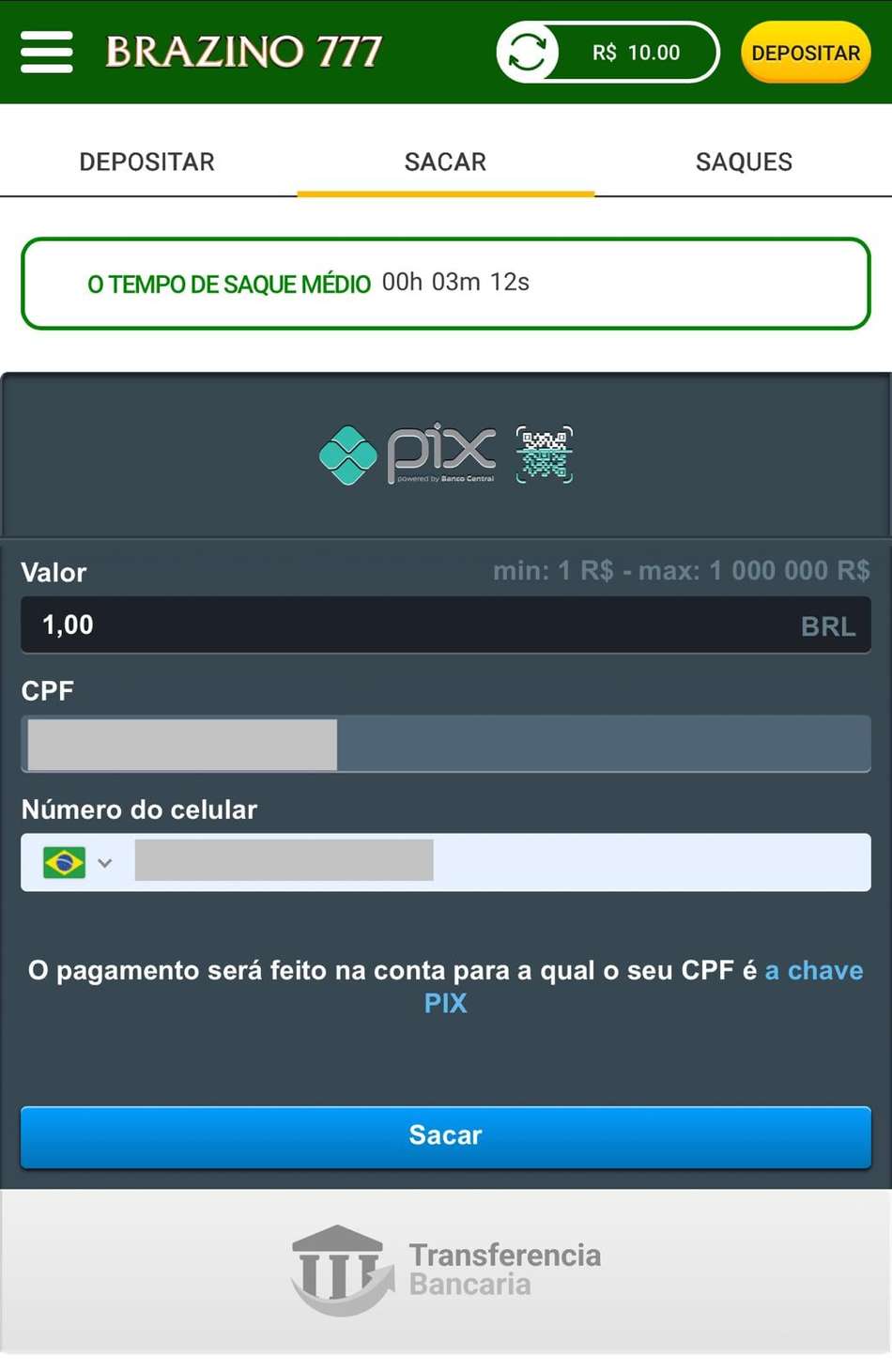 Captura da tela de saque no cassino com Pix Brazino777.