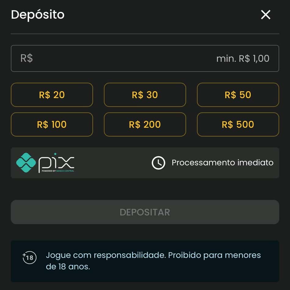 Captura da tela de depósito no cassino com Pix Jogo de Ouro.
