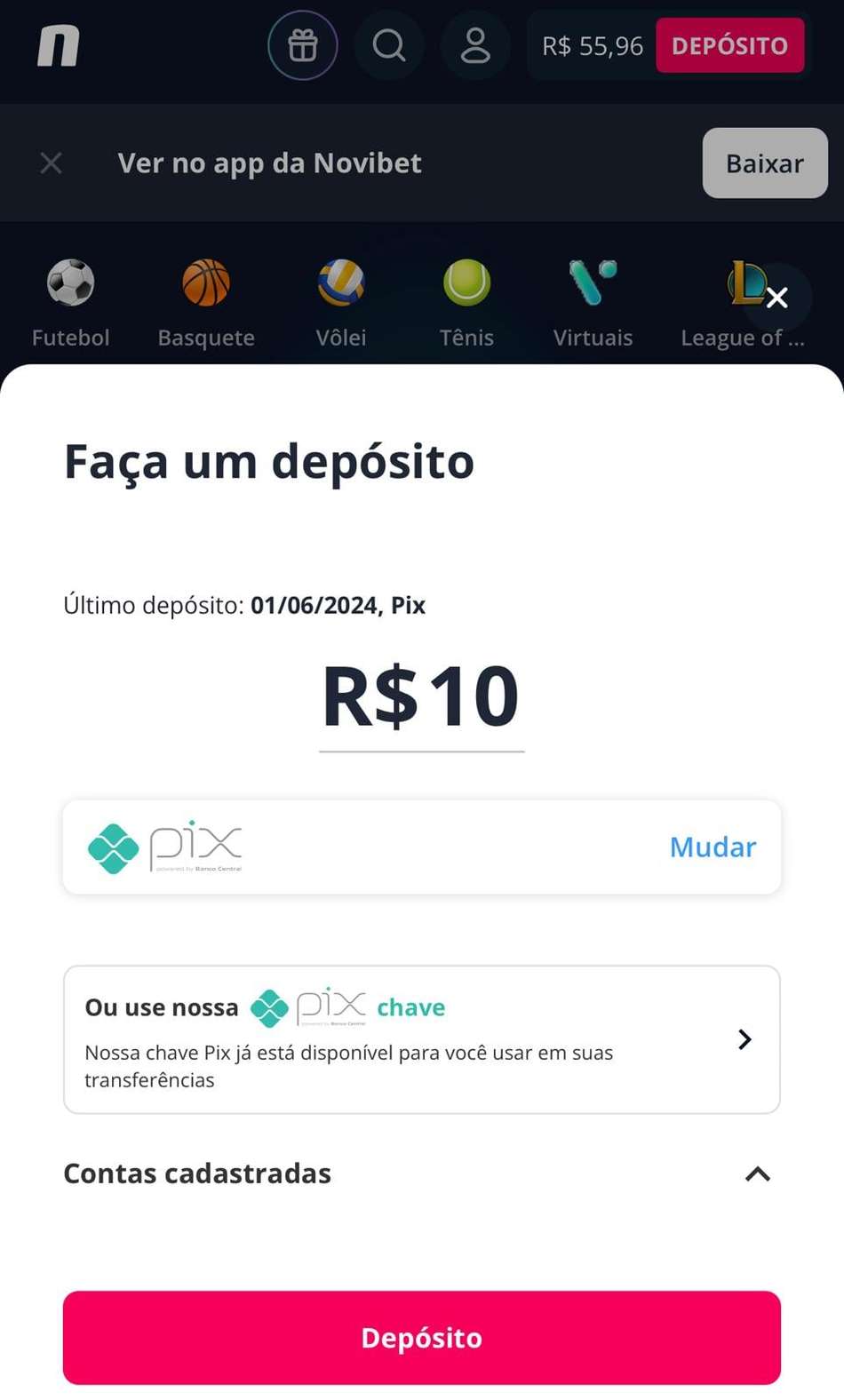 Captura da tela de saque no cassino com Pix Novibet.