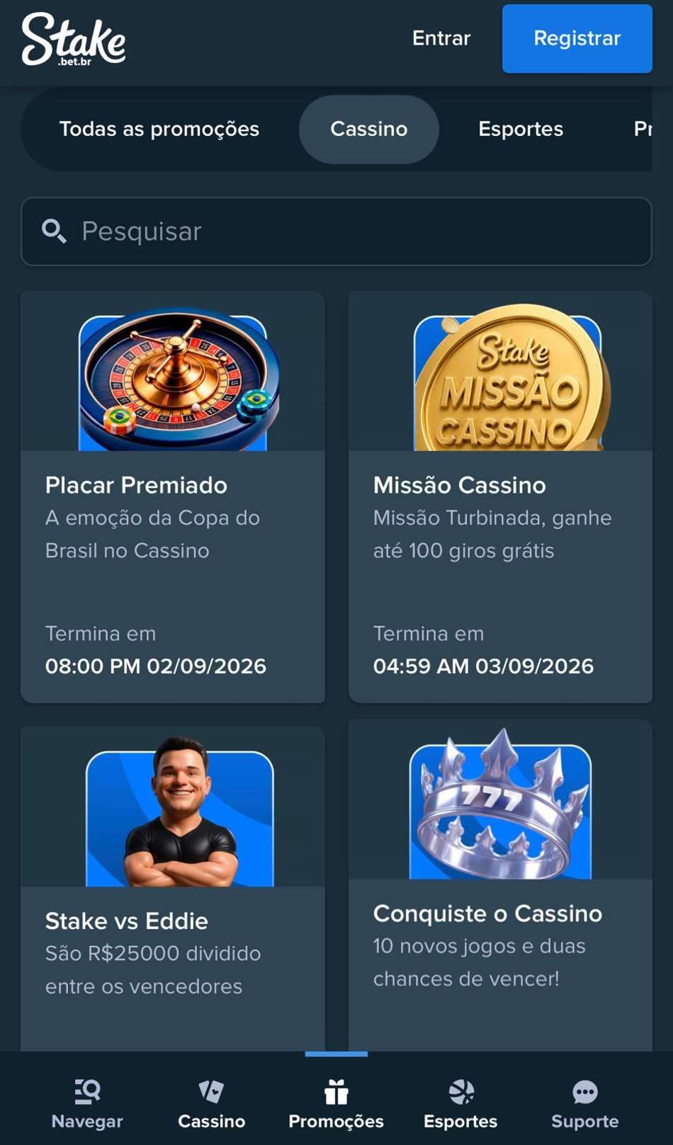 Captura da tela de promoções em cassino na Stake.