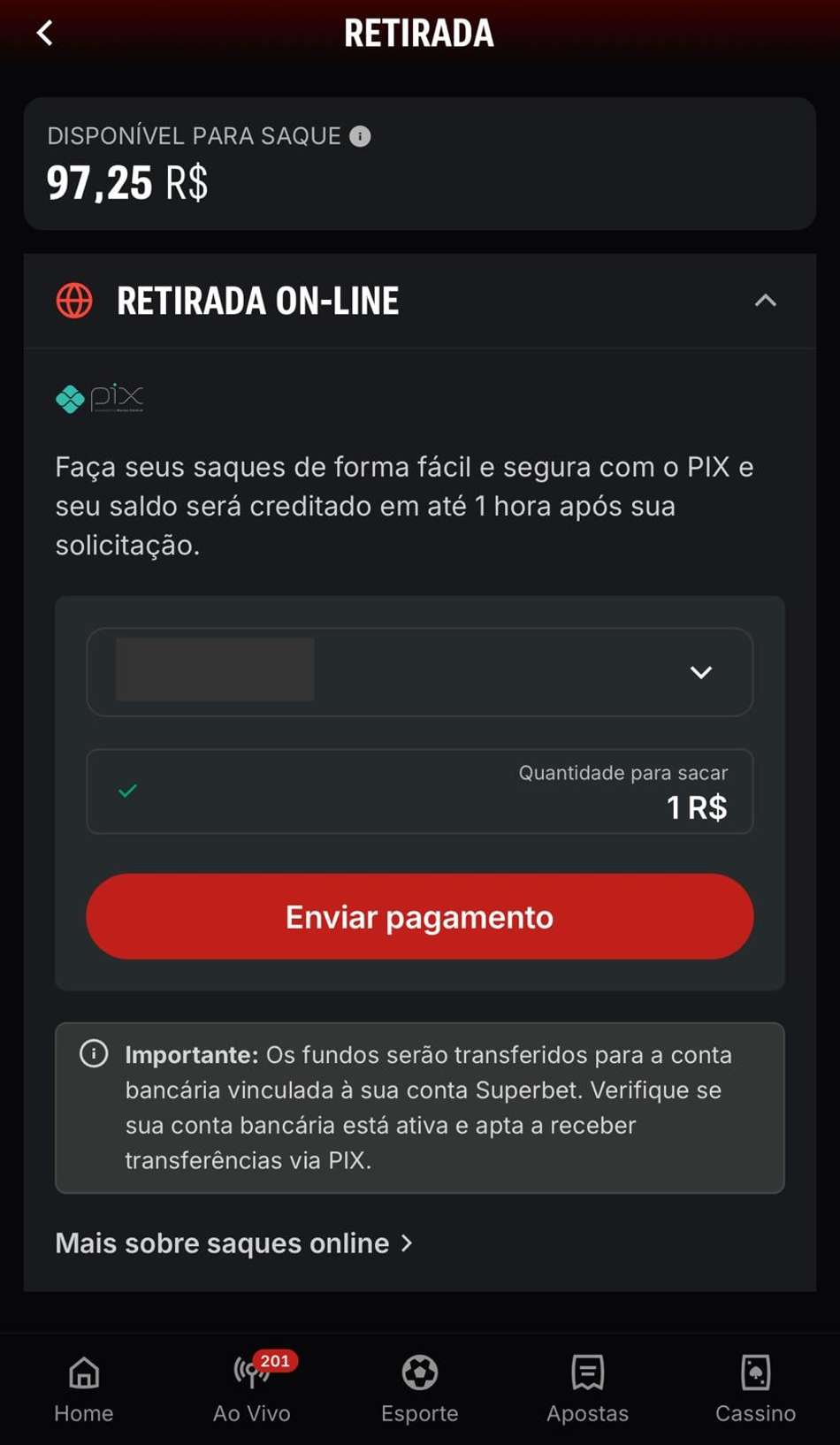 Captura da tela de saque no cassino com Pix Superbet.