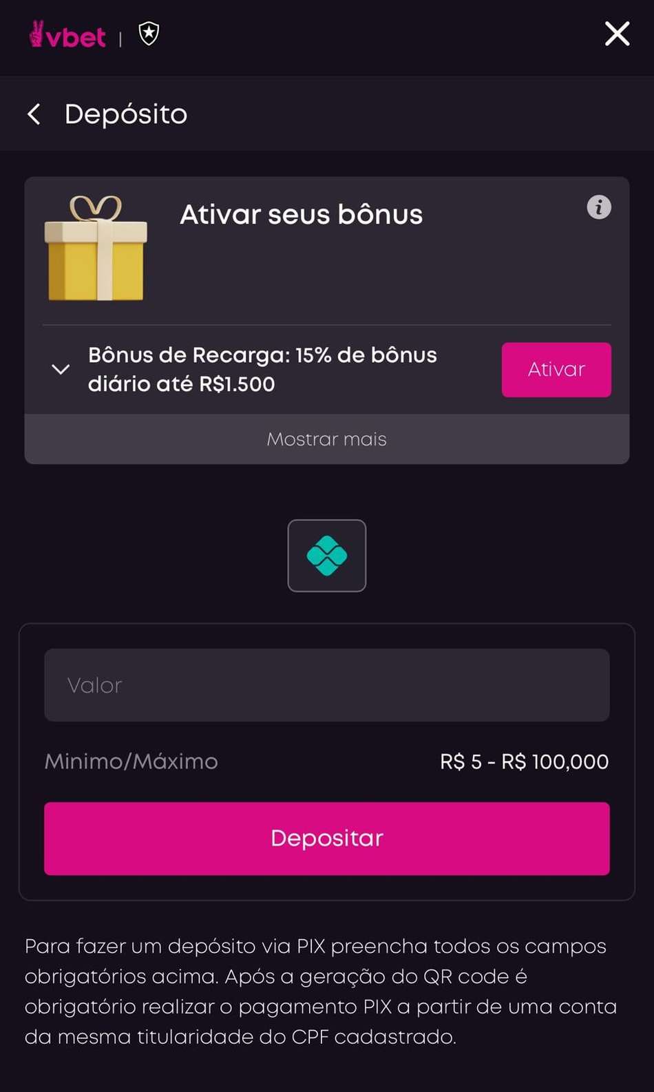 Captura da tela de saque no cassino com Pix Vbet, que exibe o bônus de recarga.