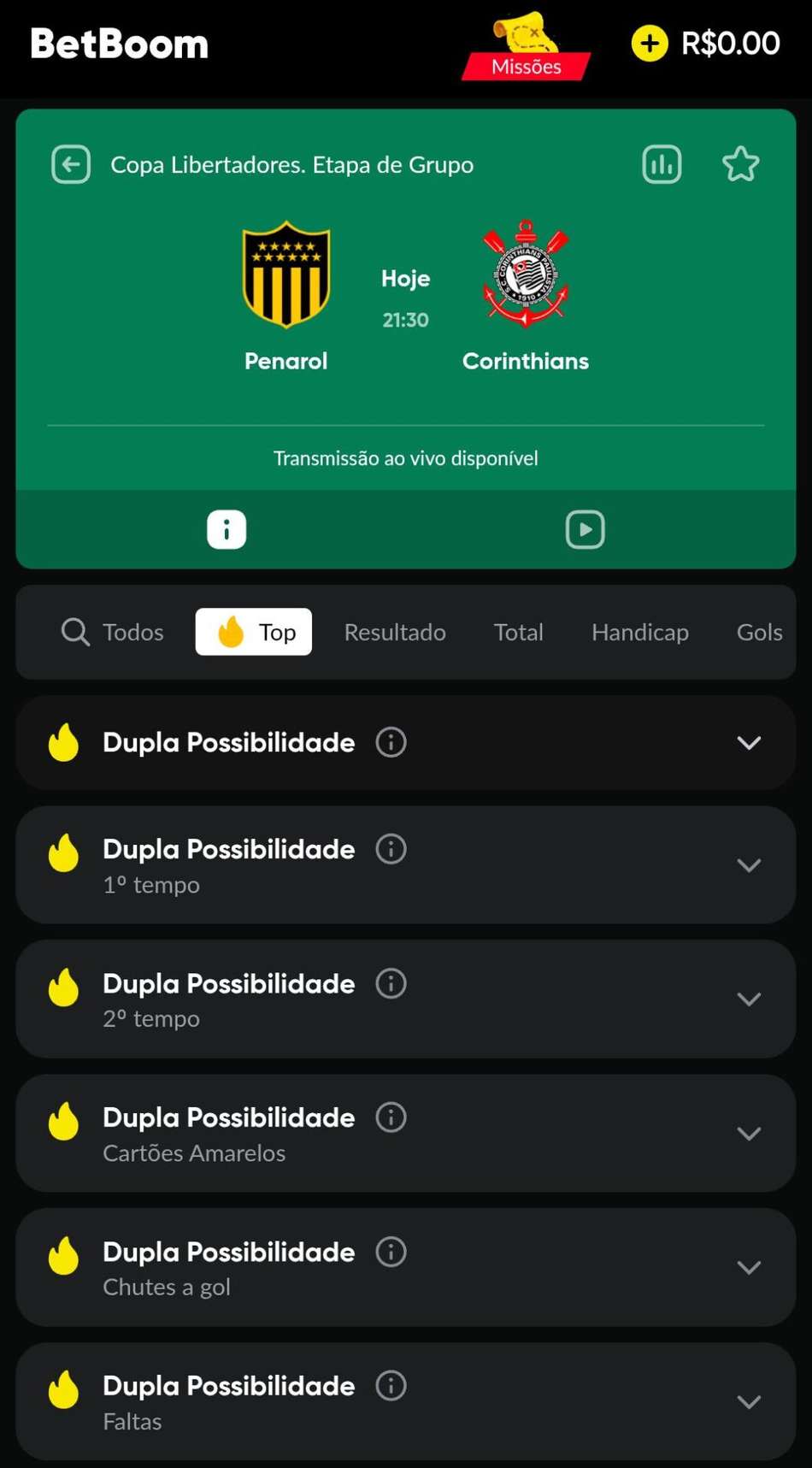 Captura de tela do mercado de apostas Chance Dupla na BetBoom.