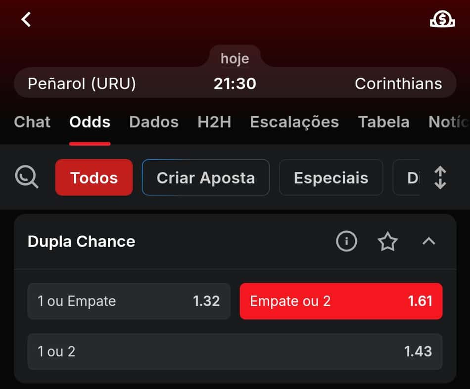 Captura de tela do mercado de apostas Chance Dupla na Superbet.