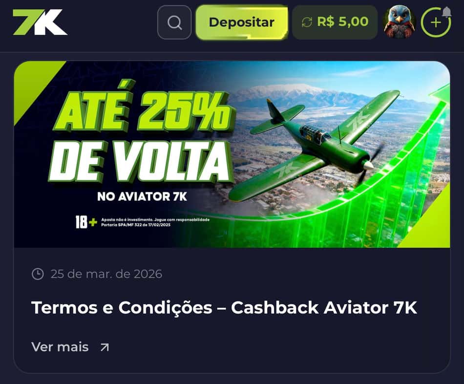 Captura de tela da promoção de cashback no Aviator na Bet7k.