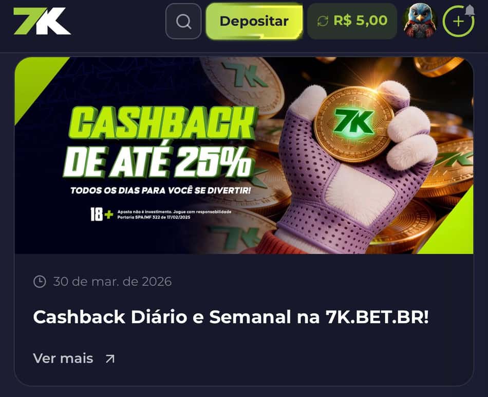 Captura de tela da promoção de cashback na Bet7k.