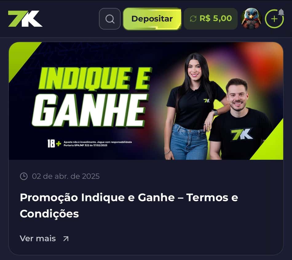 Captura de tela da promoção Indique e Ganhe com o código de cupom Bet7k.