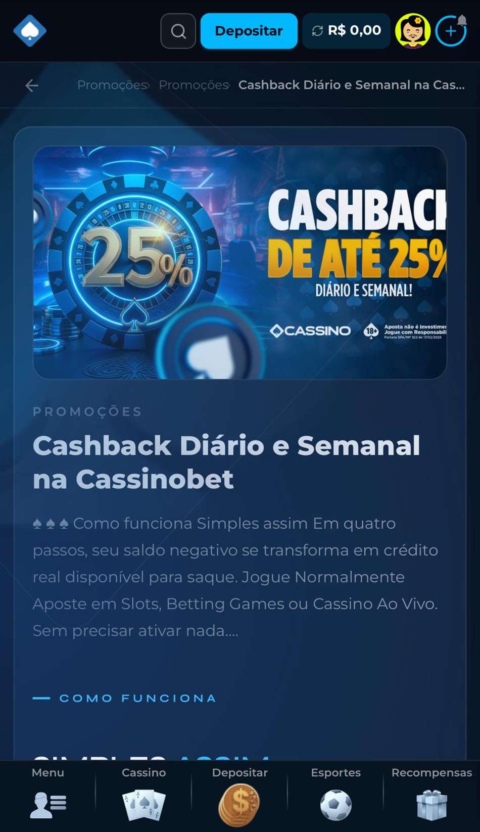 Captura de tela da promoção de cashback na Cassinobet.