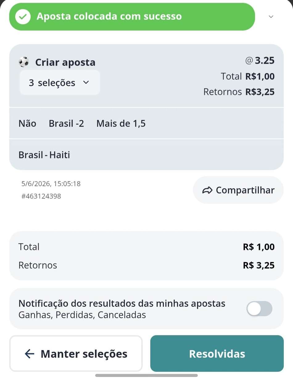 Captura de tela de um bilhete realizado na bet de 10 reais da Novibet com o recurso Criar Aposta.