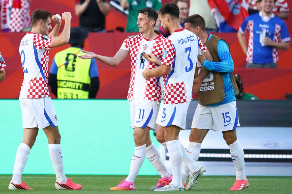 Jogadores da Croácia comemoram gol contra o Panamá pela Copa do Mundo de 2026
