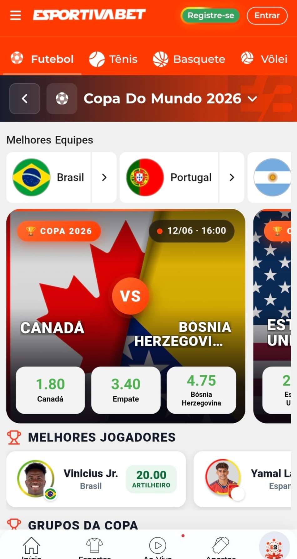 Captura de tela da Esportiva Bet com os jogos disponíveis para apostar na fase de grupos na Copa do Mundo.