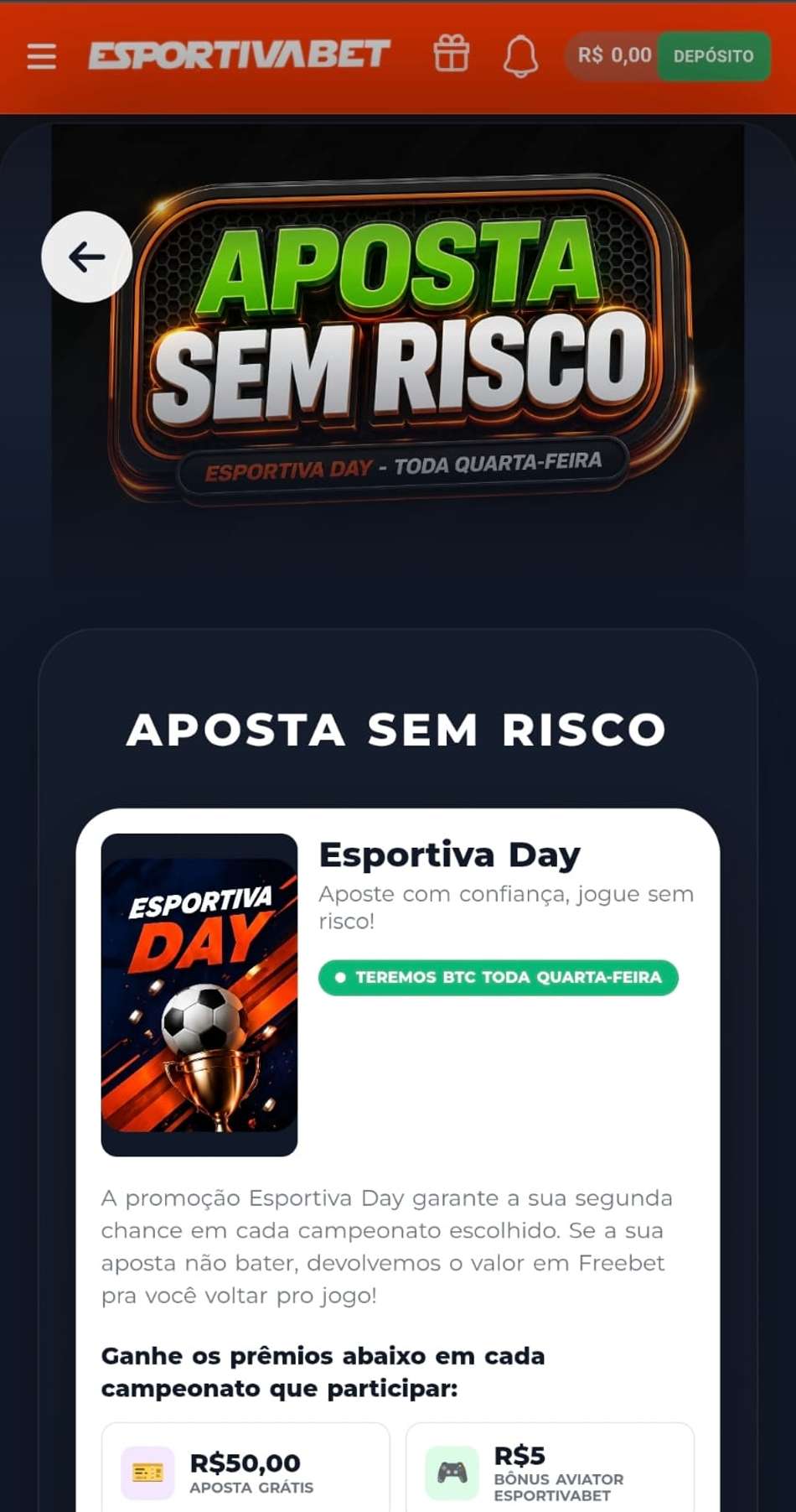 Captura de tela da Esportiva Bet com a Aposta Sem Risco, válida para apostas esportivas na bet de 10 reais.