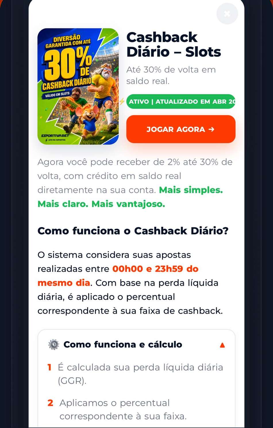 Captura de tela da promoção de cashback na plataforma que mais paga Esportiva Bet.