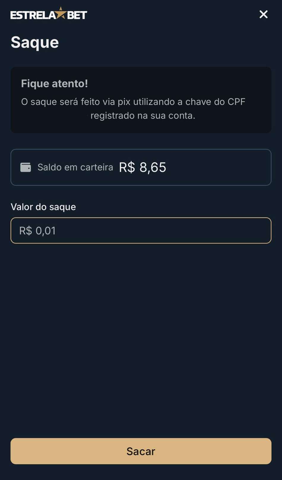 Captura da tela de saque na Estrela bet.