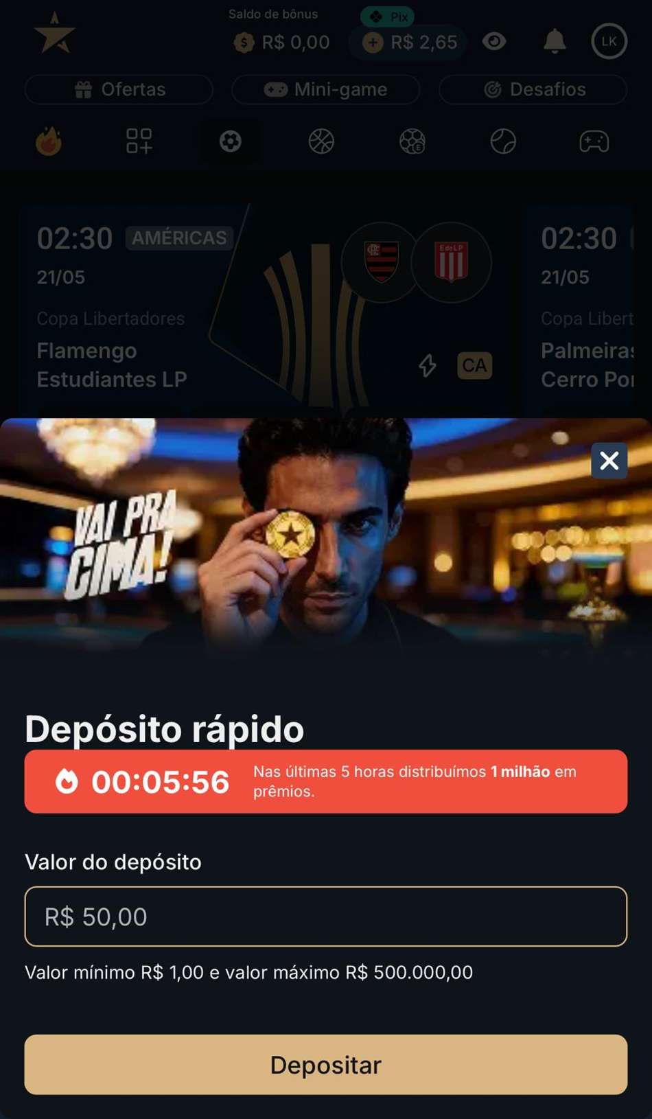 Captura da tela de depósito mínimo na Estrela bet.