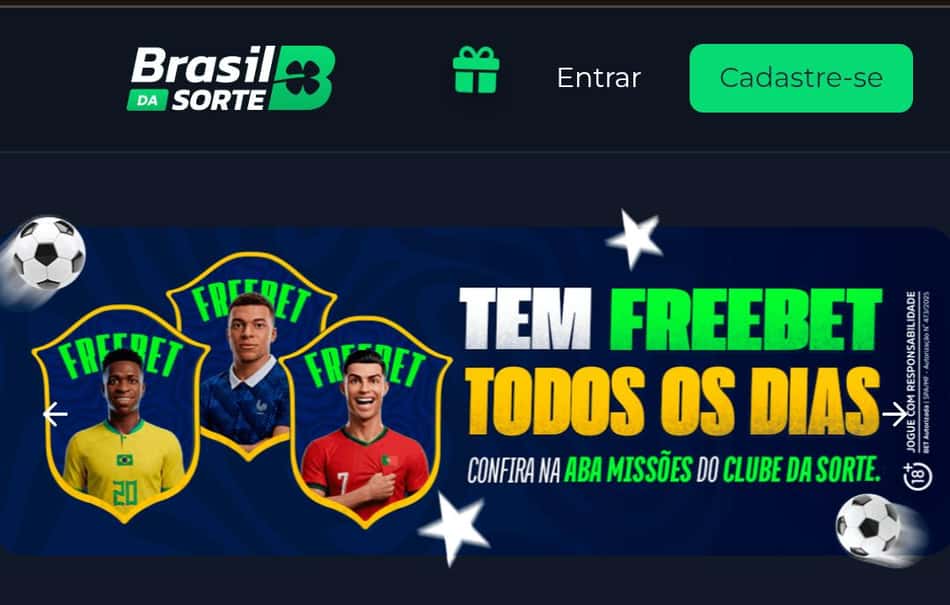 Captura de tela do banner que anuncia freebet todos os dias na Brasil da Sorte.