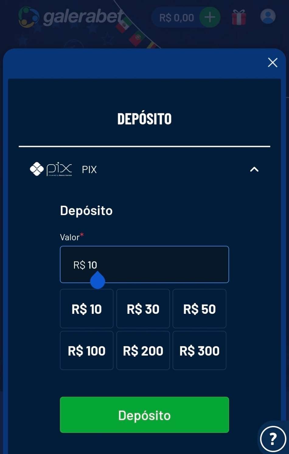 Captura de tela da seção de depósitos na GaleraBet.