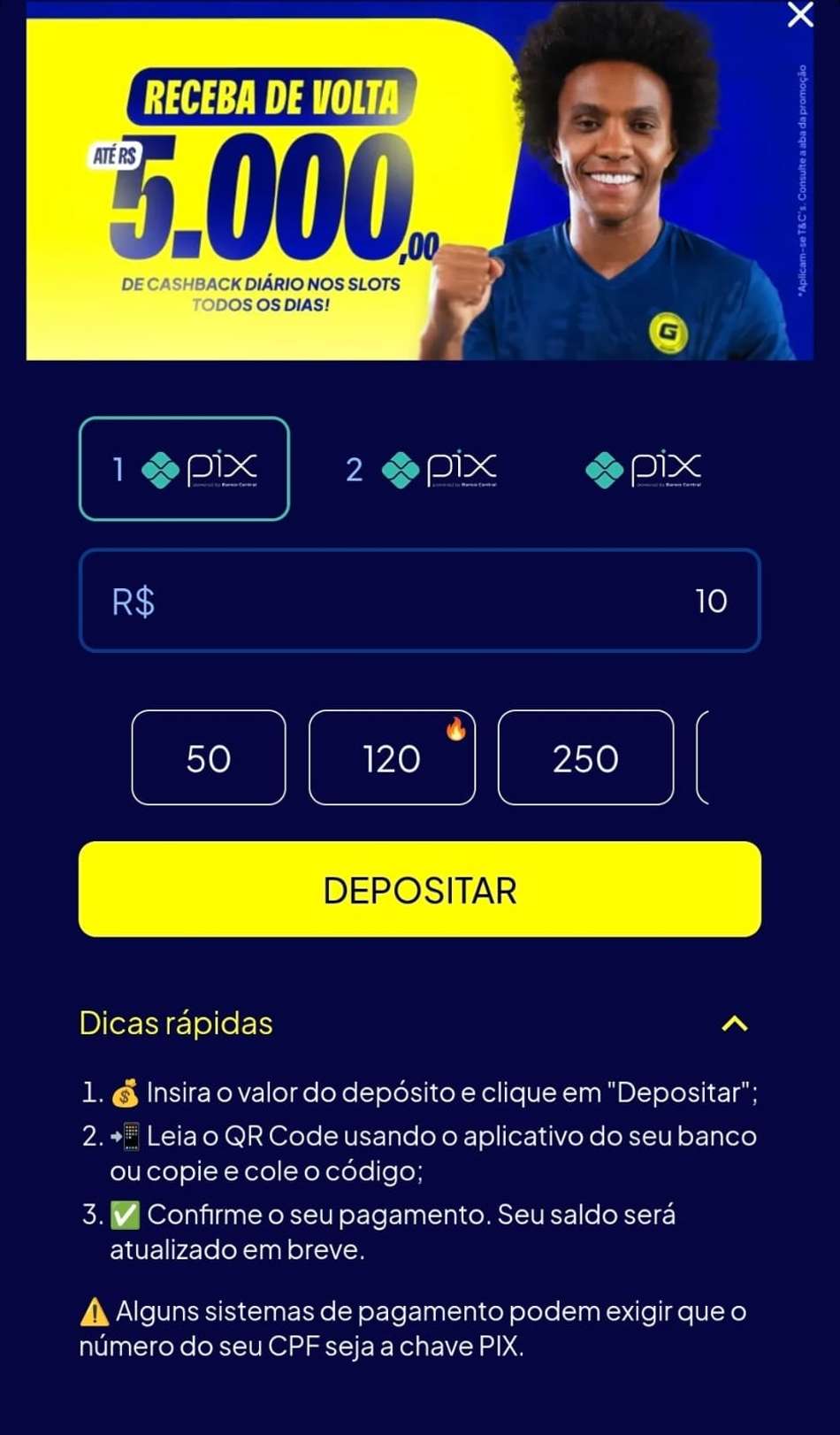Captura de tela de um teste de depósito no site oficial da GingaBet.