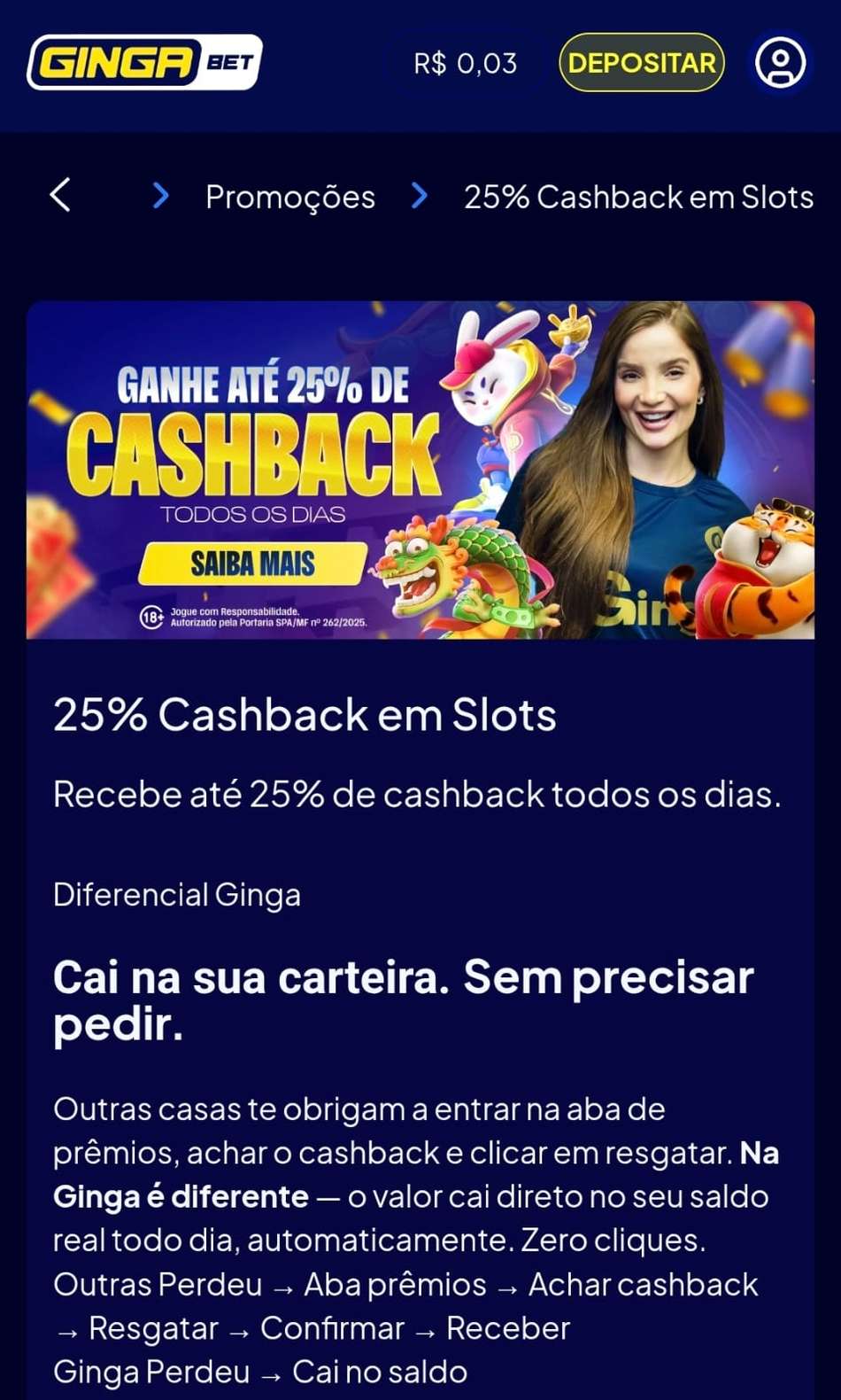 Captura de tela da promoção de cashback na GingaBet.