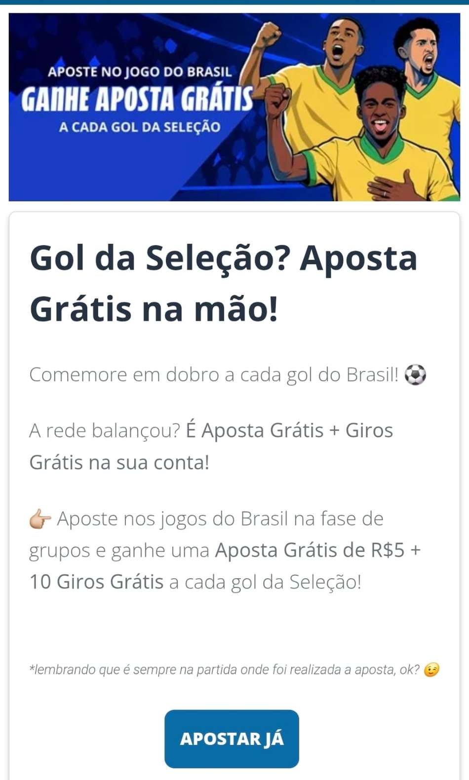 Captura de tela da campanha Gol da Seleção? Prêmio na Mão da Sportingbet válida para o jogo entre Brasil x Escócia no dia 24/06/2026 na Copa do Mundo.