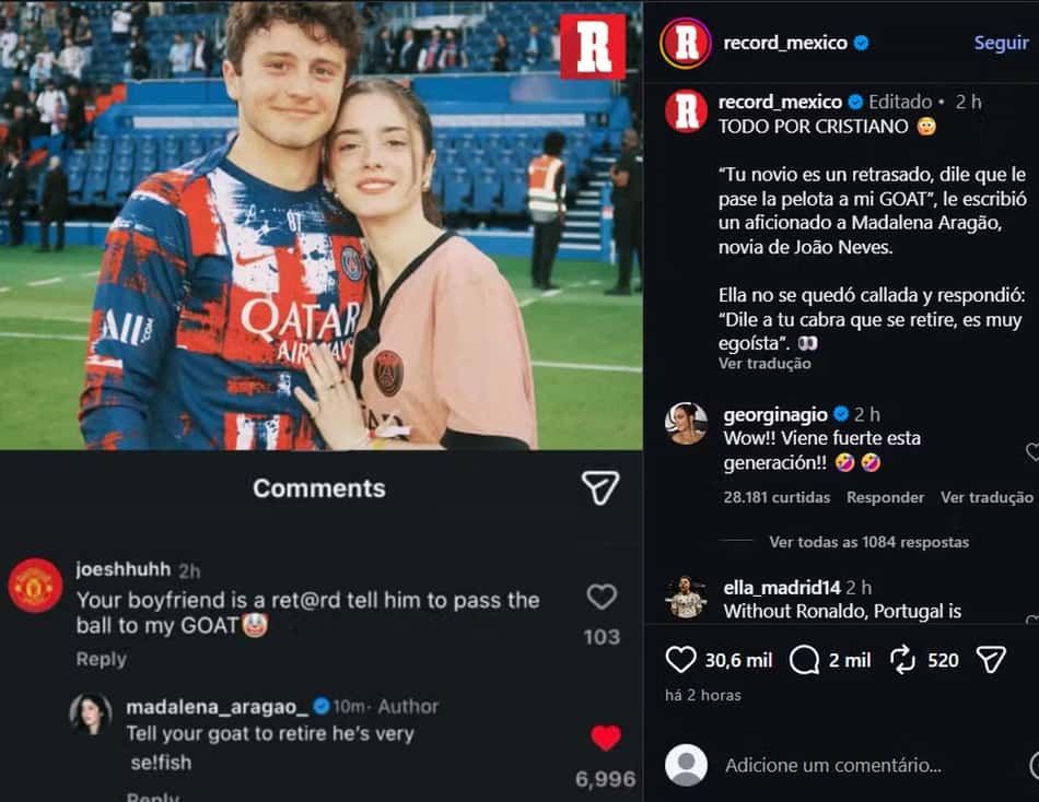 Georgina Rodríguez defendeu Cristiano Ronaldo em meio a polêmica com João Neves de Portugal